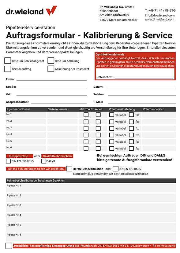Vorschau des Pipetten-Wartungsauftrags als PDF-Formular